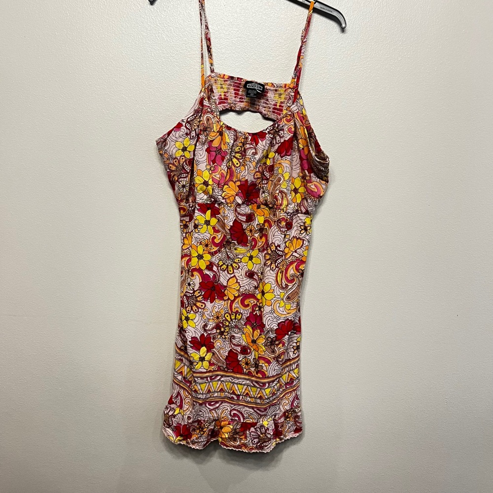 Angie Women Floral‎ Paisley Sun Dress Pink Orange Smocked Ruffle Hem 2X Garden